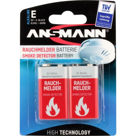 Ansmann Alkaline Batterie für Rauchmelder, 9V E-Block, 2er Pack (1515-0006)