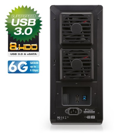 8-fach Festplattengehäuse (3,5"), eSATA & USB 3.0, FANTEC QB-X8US3-6G, für bis zu 8 SATA-I/II/III-Festplatten, schwarz