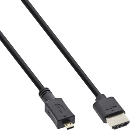 Câble Superslim HDMI A à D InLine®, HDMI haute vitesse avec Ethernet, Premium, noir / or, 1,8 m